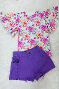 Lady Charm NWT Boutique  Girls Floral Top Purple Denim Shorts Set Size 6/7 6 7