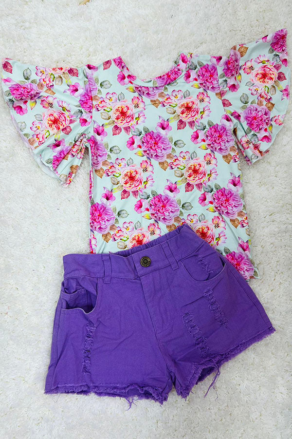 Lady Charm NWT Boutique  Girls Floral Top Purple Denim Shorts Set Size 6/7 6 7