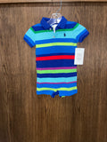 Polo Ralph Lauren Baby Boys Striped Cotton Mesh Polo Shortall Romper Size 6 Months EUC