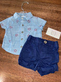 Cat & Jack Boys Button Down Top & Shorts Set Size 0-3 Months EUC