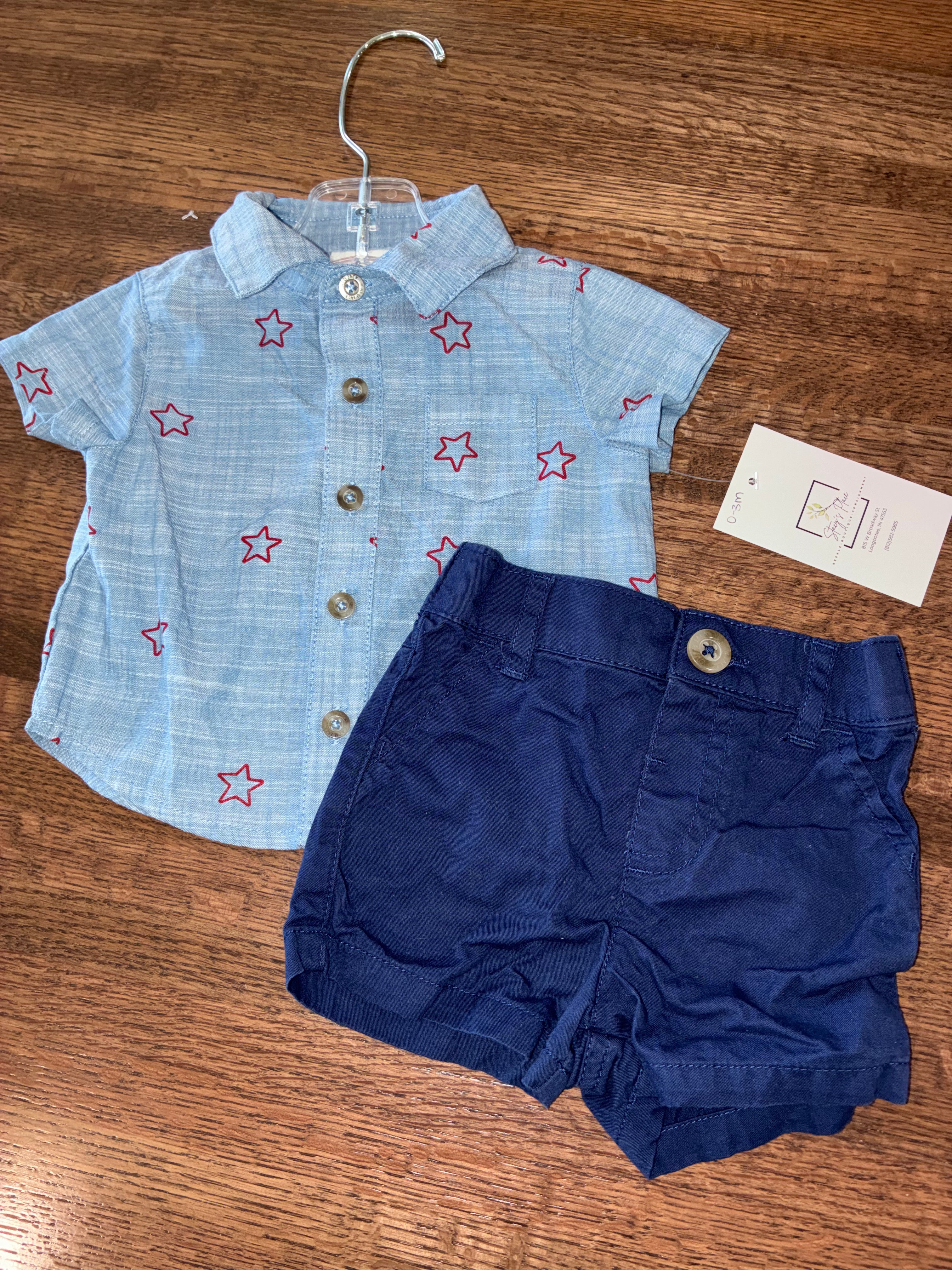 Cat & Jack Boys Button Down Top & Shorts Set Size 0-3 Months EUC