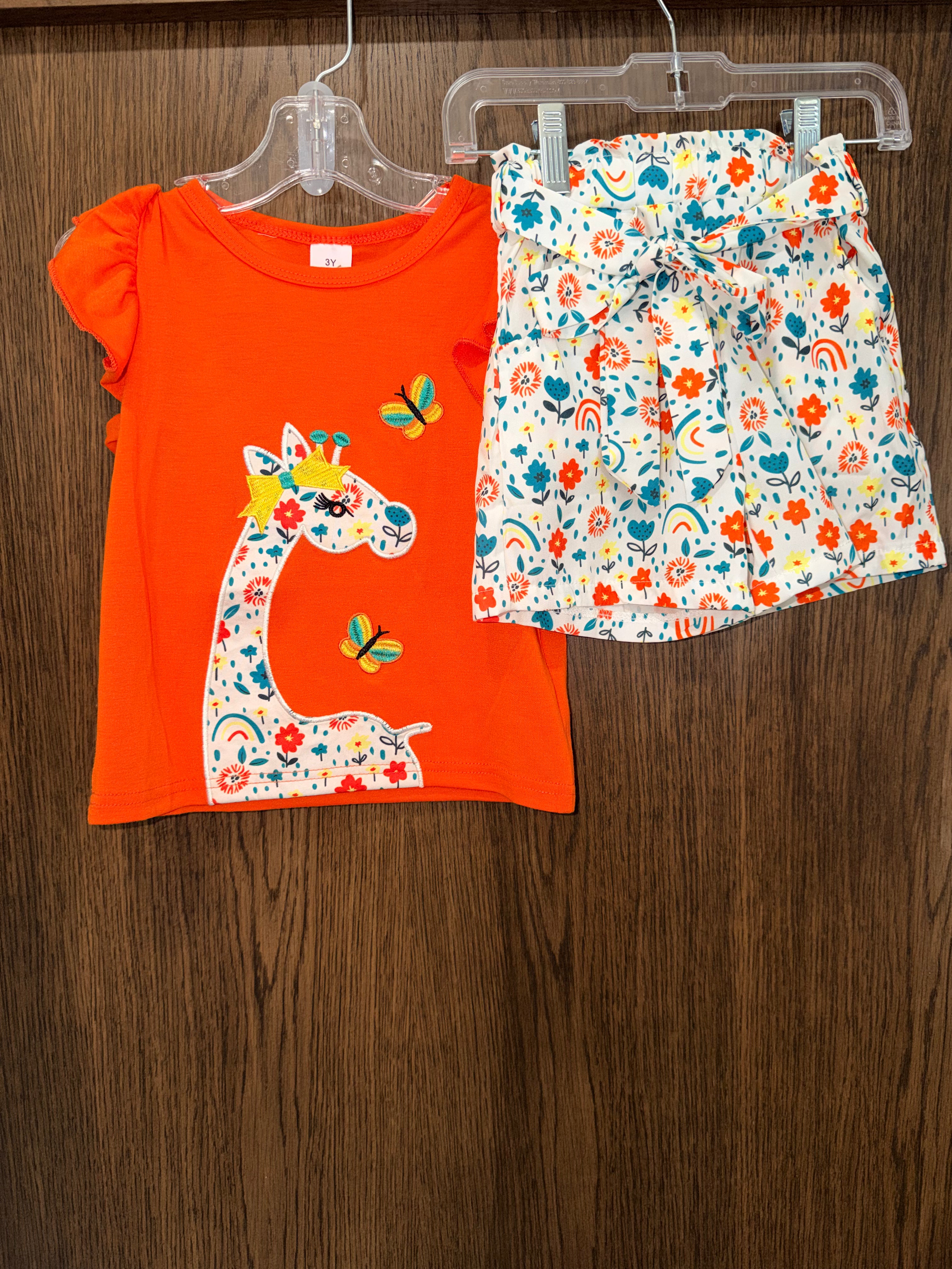 Girls NWT Giraffe Flutter Sleeve Top & Floral Shorts 3T 3