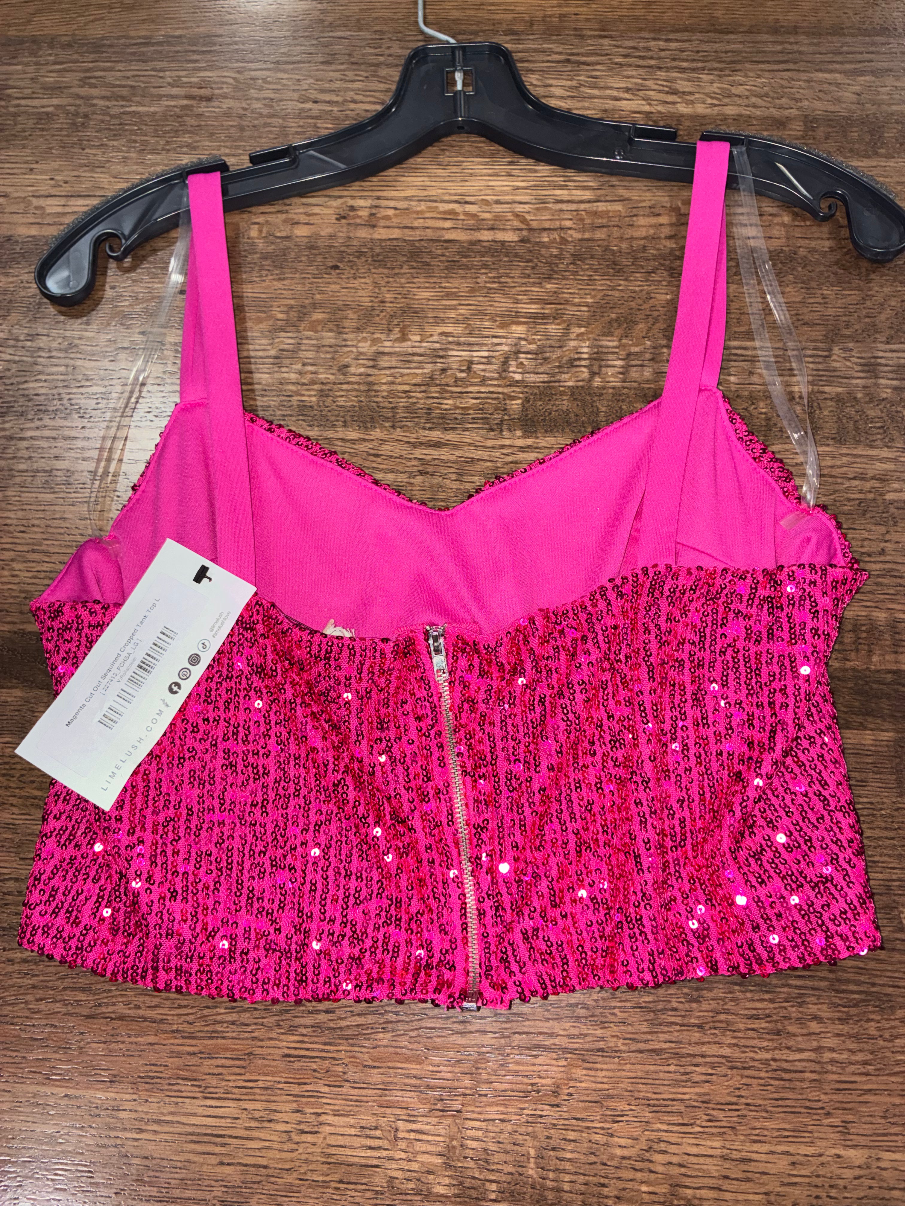 Sash & Soul Magenta Cut Out Sequin Crop Tank Top Large NWT