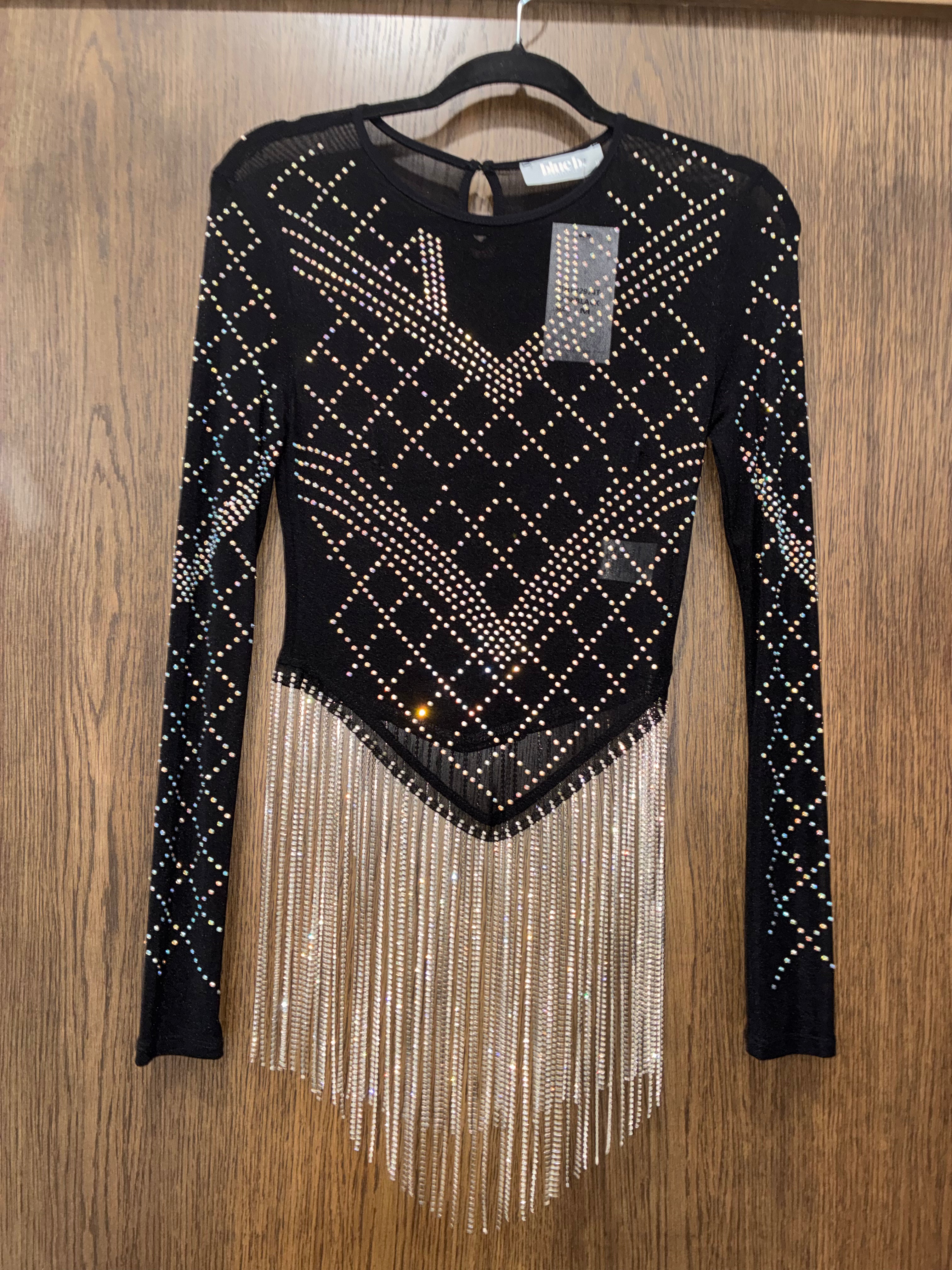 Southern Fried Chics This Blue B black mesh long-sleeve top features cascading crystal Fringe Hem Size Medium/Large