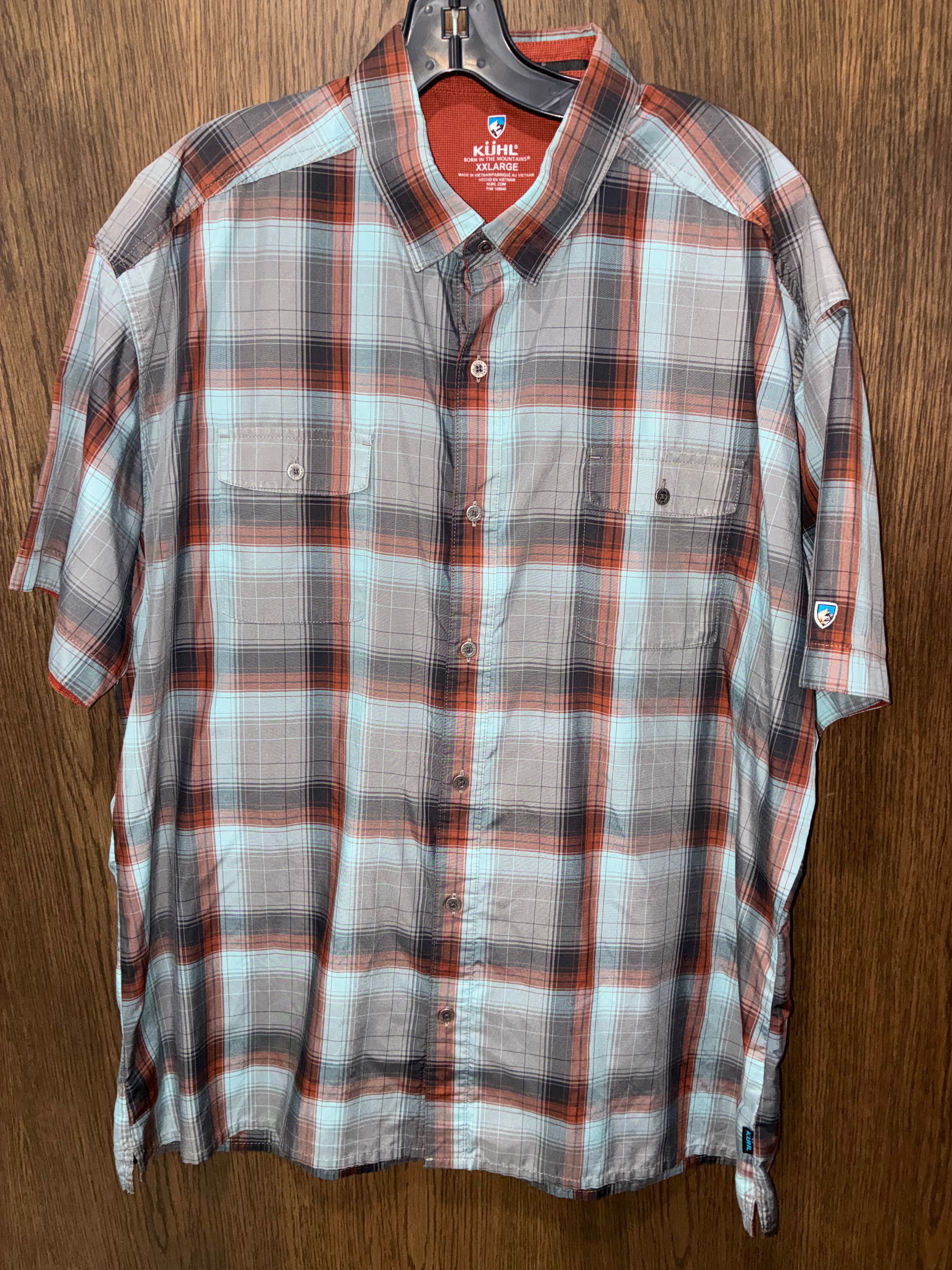 Kuhl Men's Response Short-Sleeve Plaid Button-Up Shirt in Rust and Blue XXL