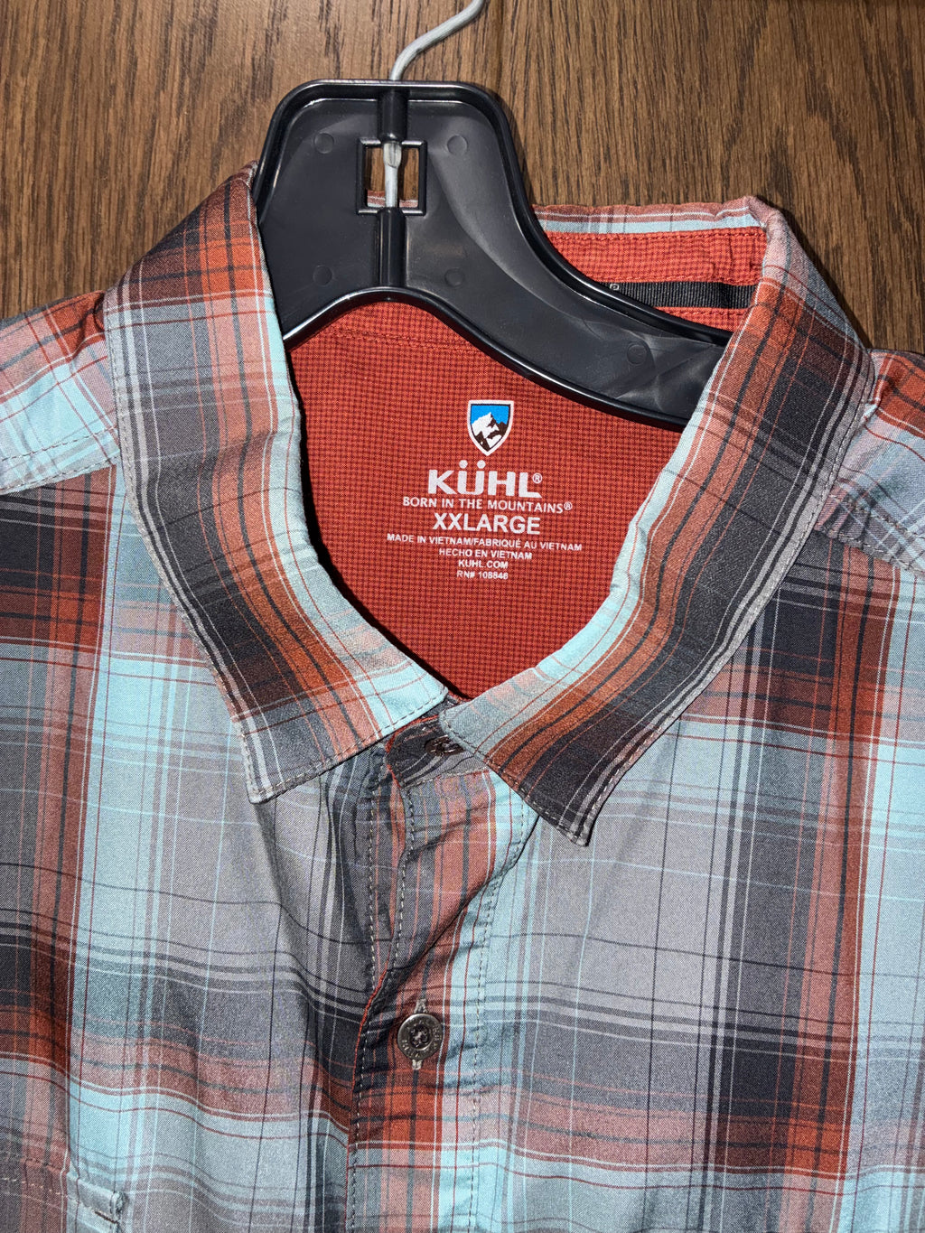 Kuhl Men's Response Short-Sleeve Plaid Button-Up Shirt in Rust and Blue XXL