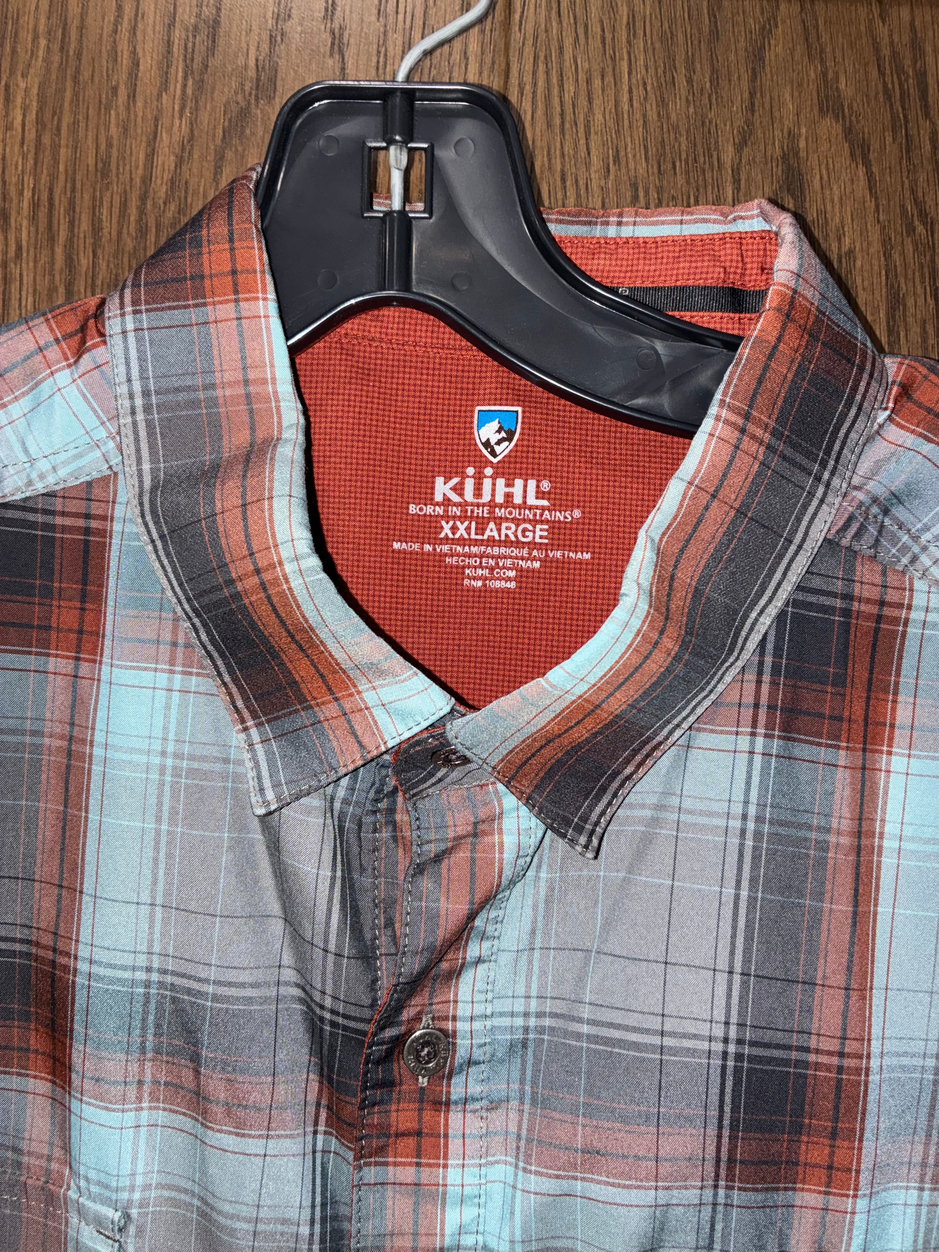 Kuhl Men's Response Short-Sleeve Plaid Button-Up Shirt in Rust and Blue XXL
