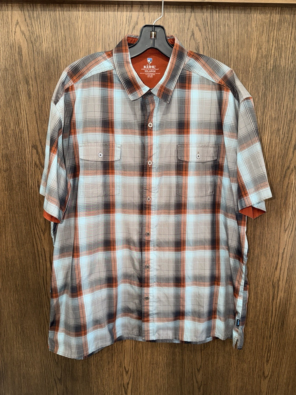 Kuhl Men's Response Short-Sleeve Plaid Button-Up Shirt in Orange and Gray XXL