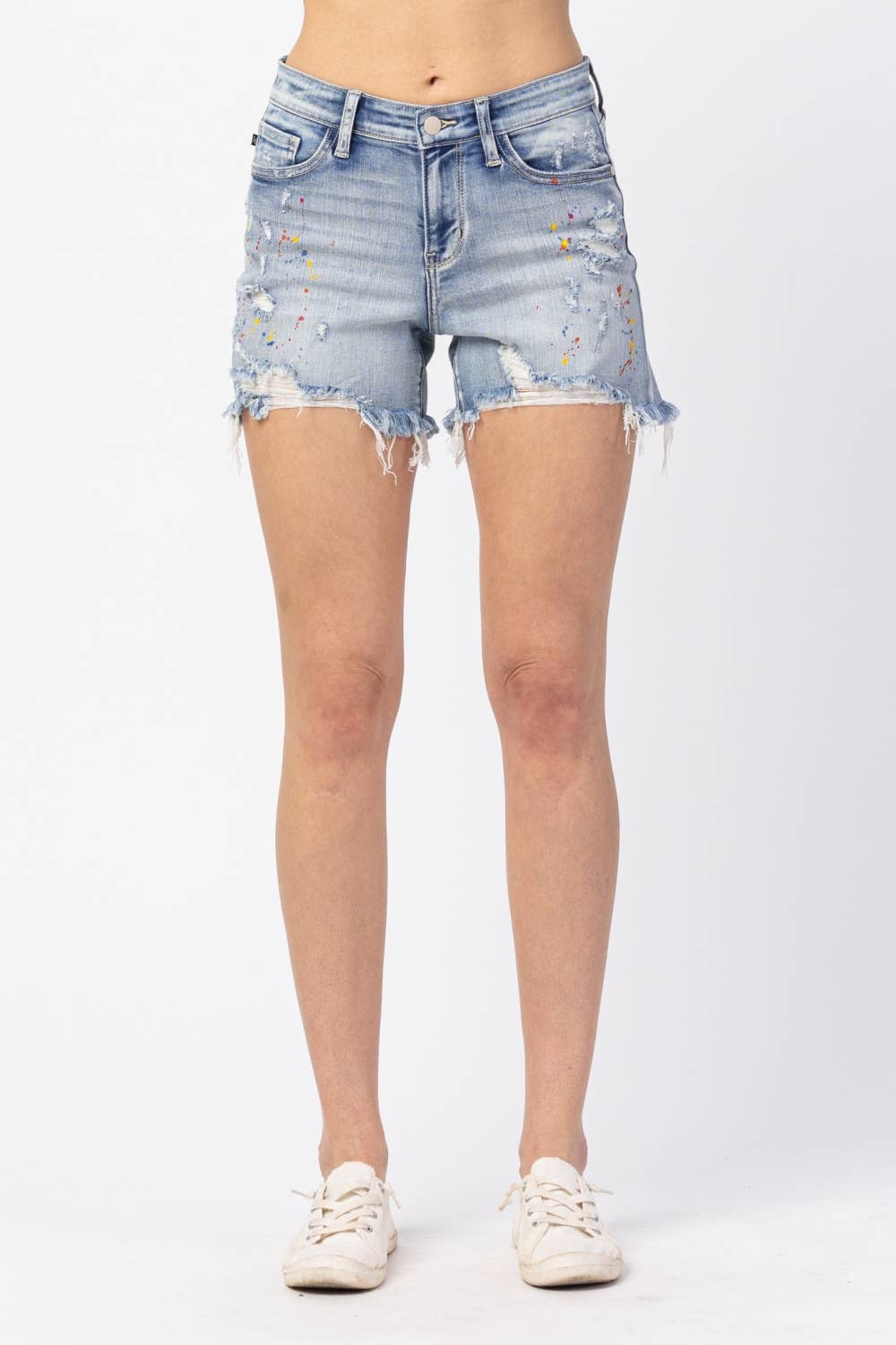Judy Blue NWT MID-RISE RAINBOW PAINT SPLASH CUTOFF SHORTS XL