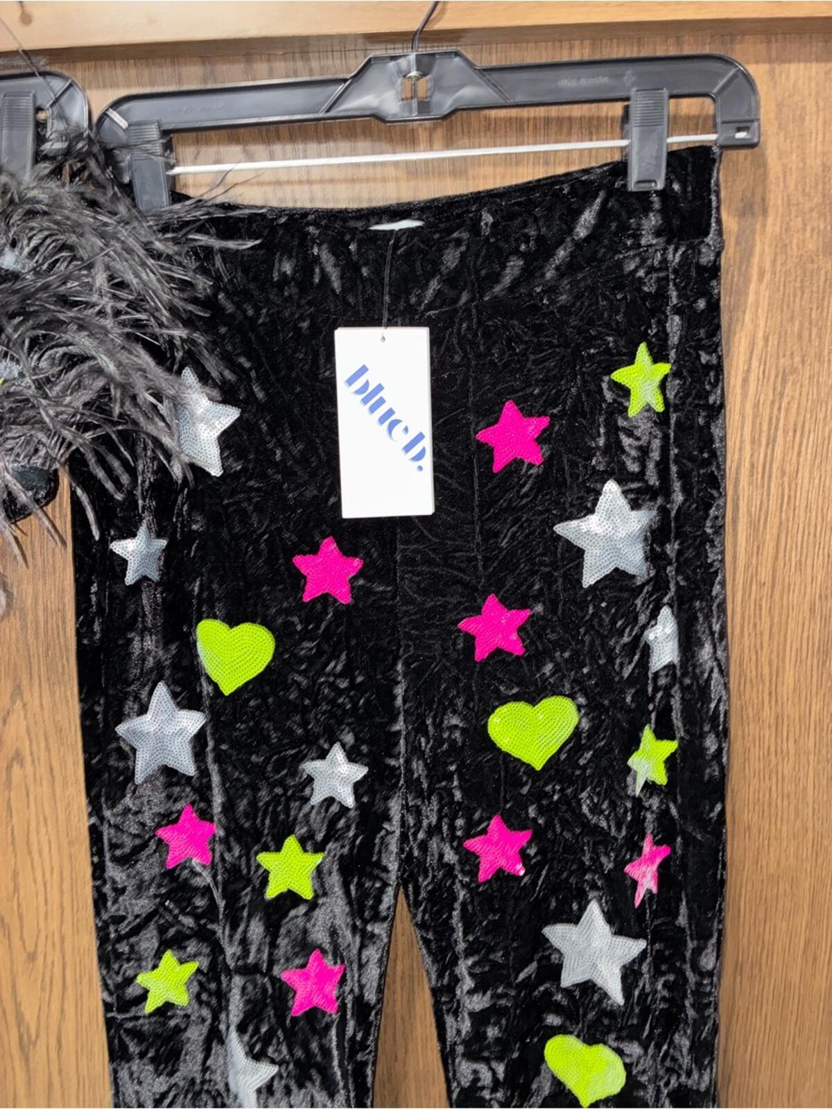 Blue B Women’s Black Velvet Star & Heart Embellished Flared Pants Size Large NWT