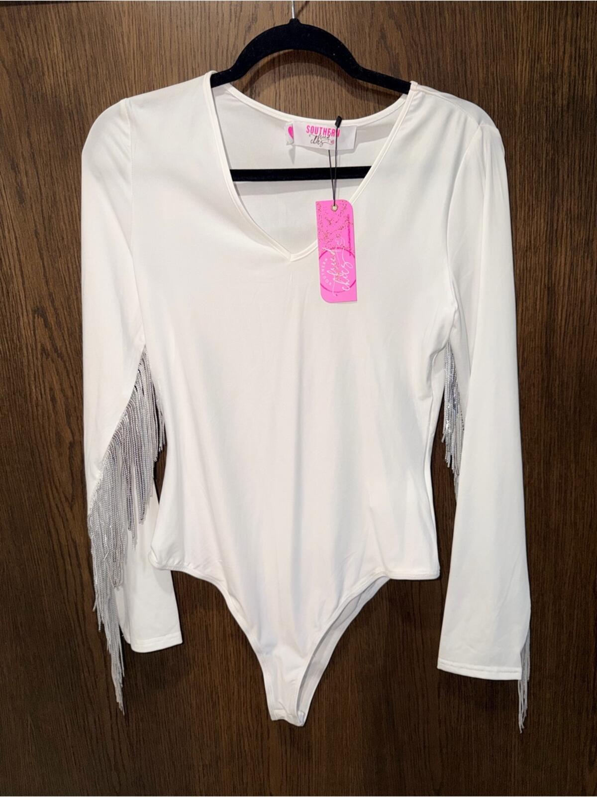 Southern Fried Chics Women’s White Sequin Fringe Bodysuit Size Large NWT