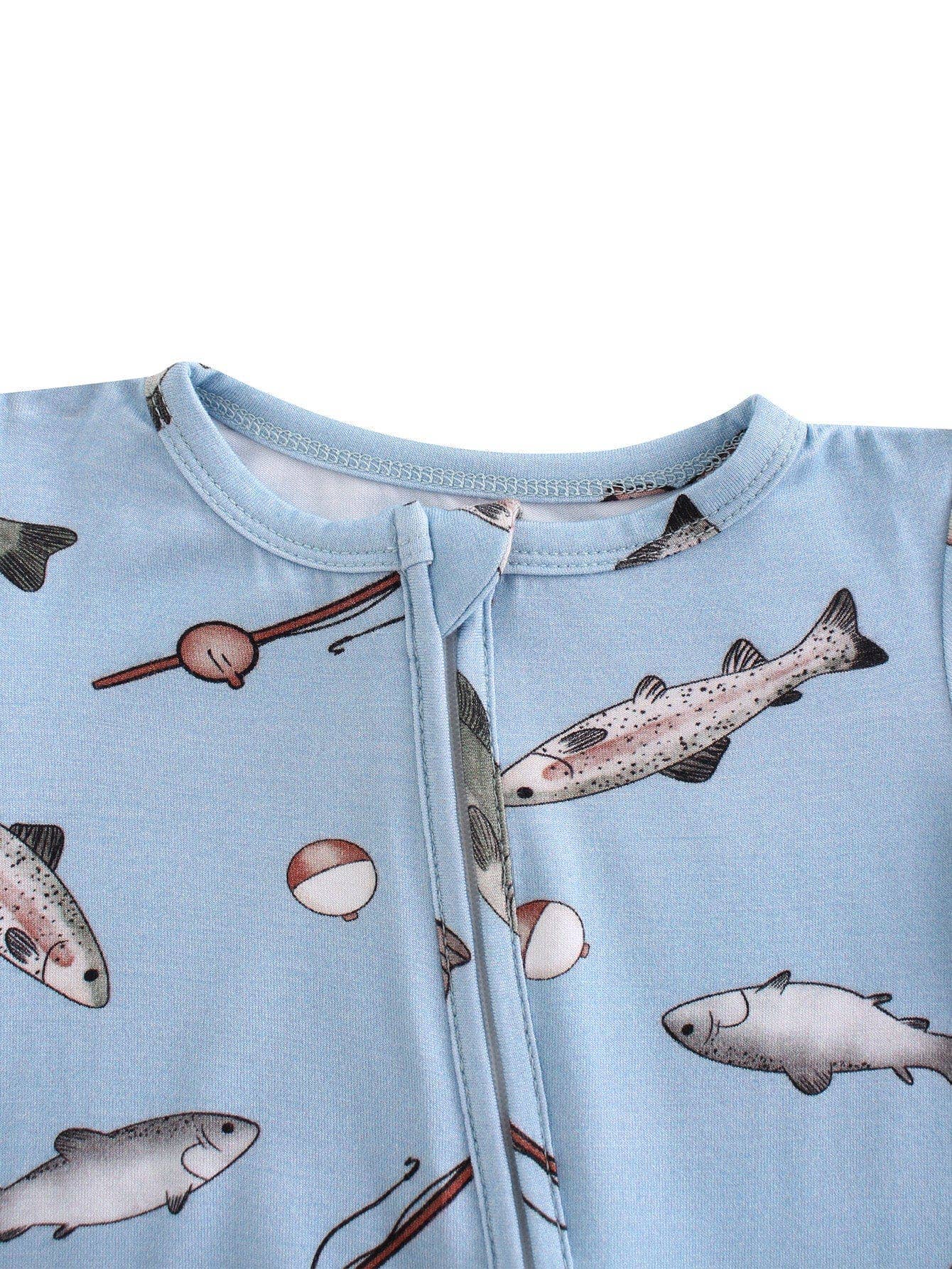 PoshTOT Blue Fish Bamboo Baby Convertible Zippy Romper: 0-3M