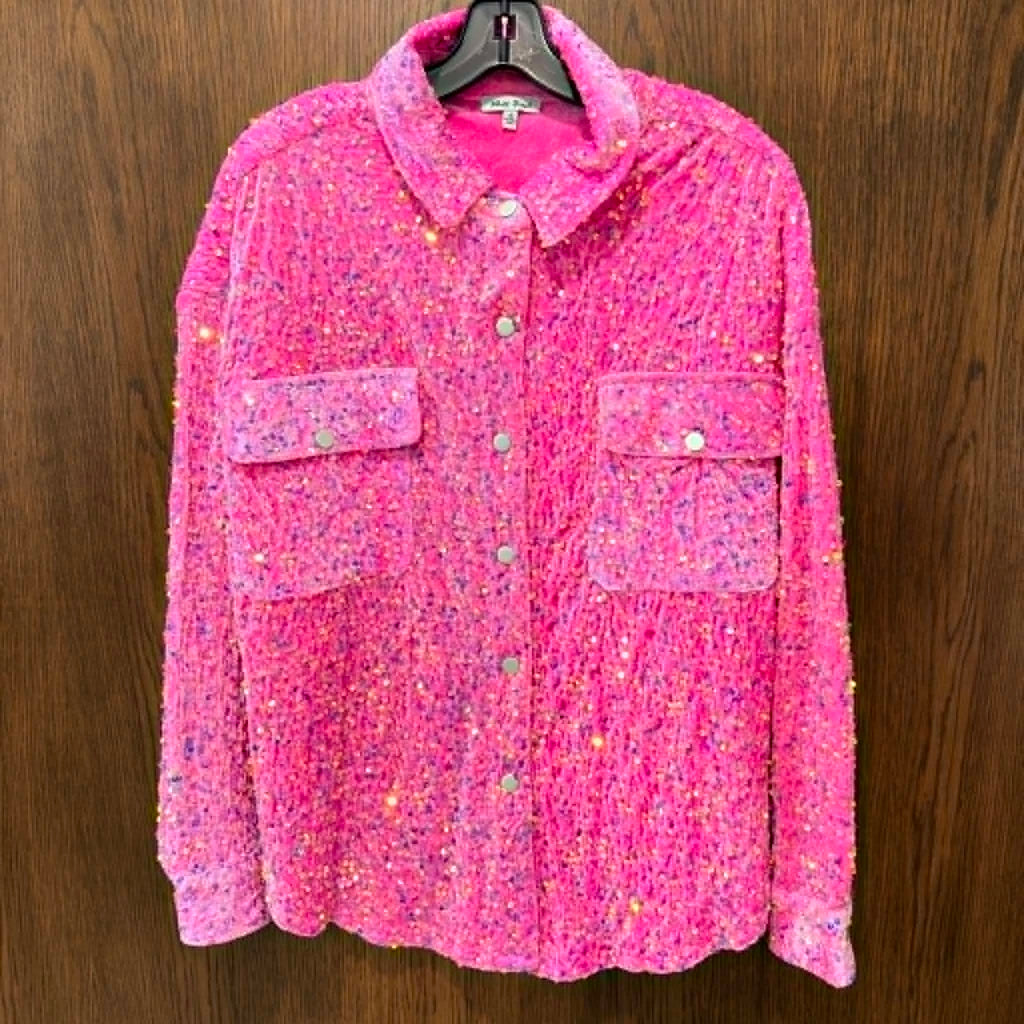 White Burch Pink Sequin Shacket Button Front Size Small