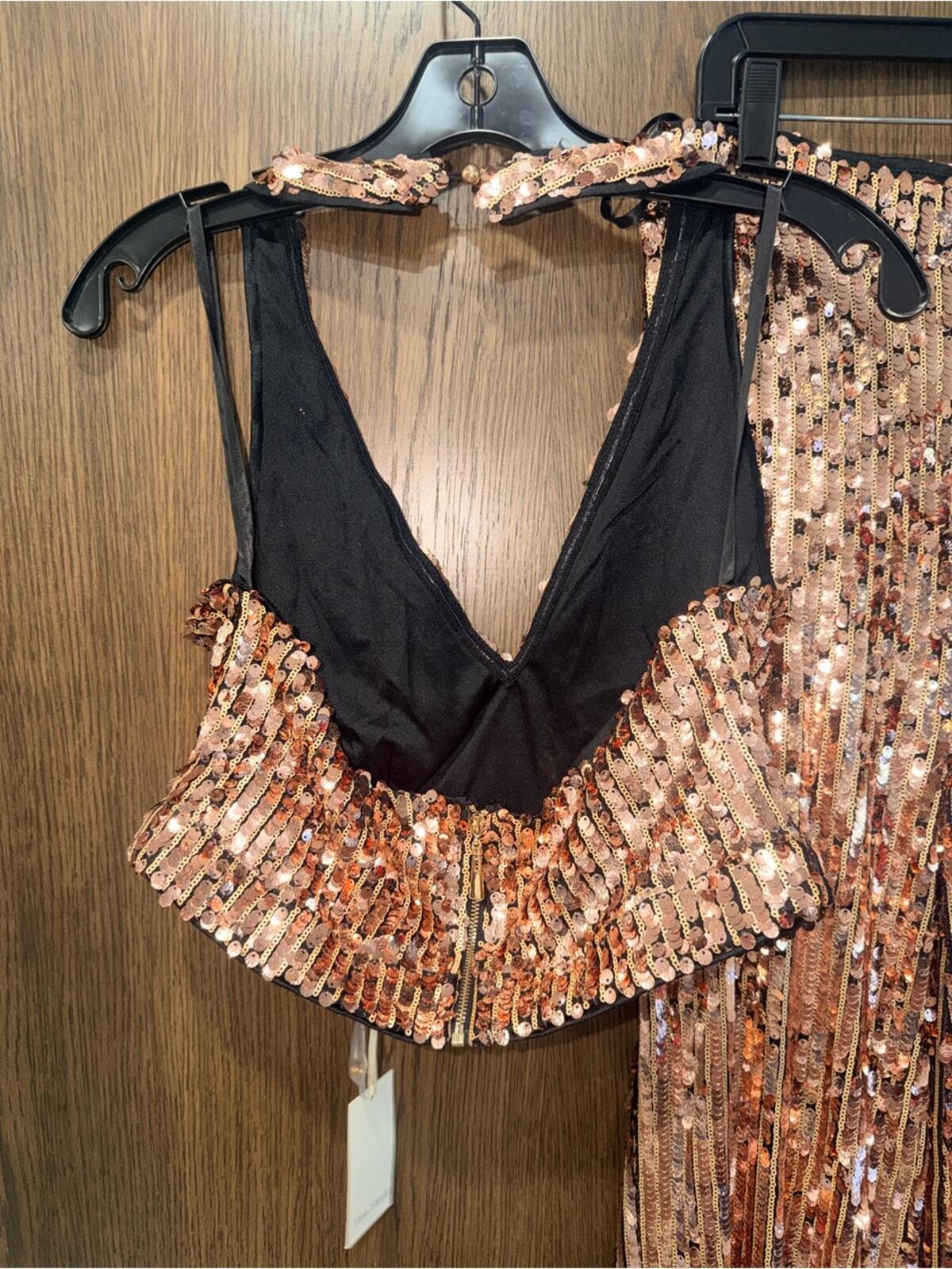 The Sang Sequin NWT Two-Piece Crop Top & Wide Leg Pants Set Size Large Rose Gold