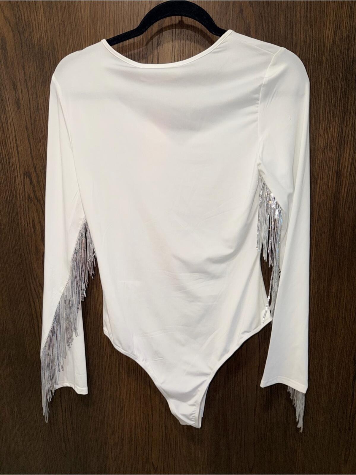 Southern Fried Chics Women’s White Sequin Fringe Bodysuit Size Large NWT