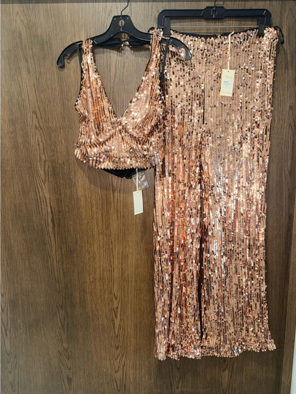 The Sang Sequin NWT Two-Piece Crop Top & Wide Leg Pants Set Size Large Rose Gold